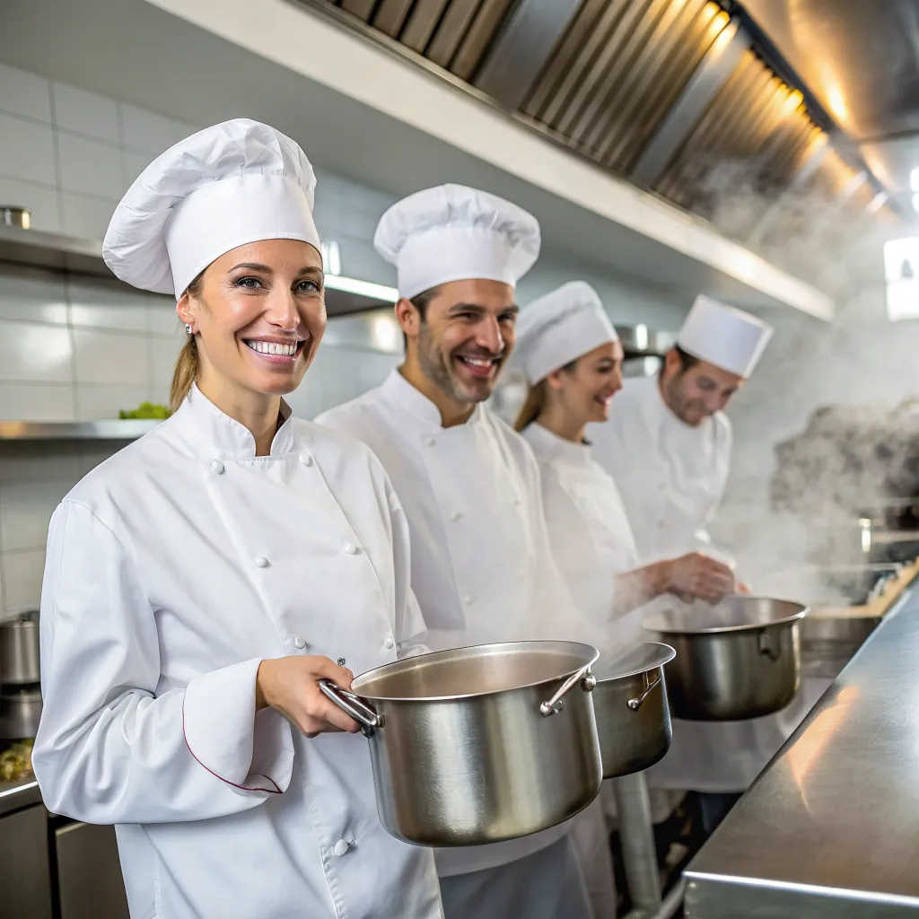 A team of professional chefs smiling and holding steaming pots