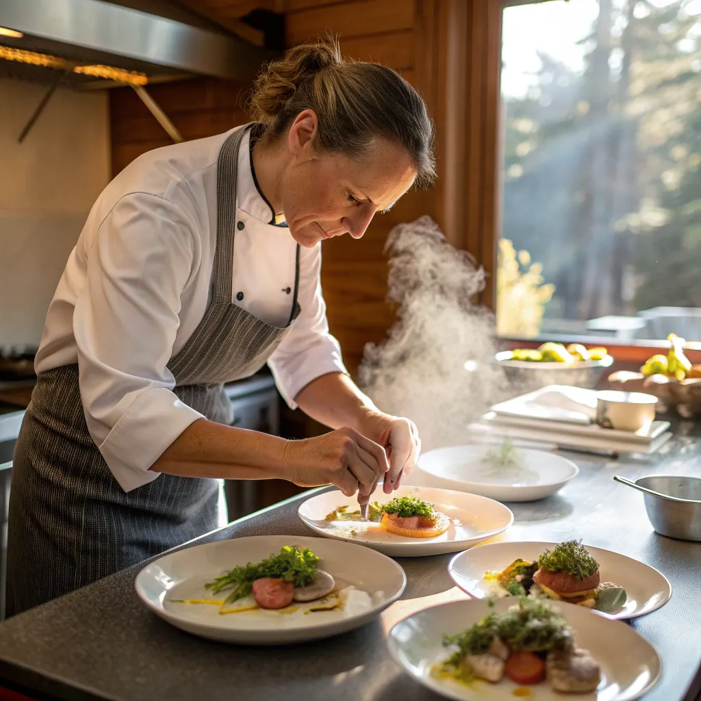 Jane in her kitchen, artfully plating steamed dishes