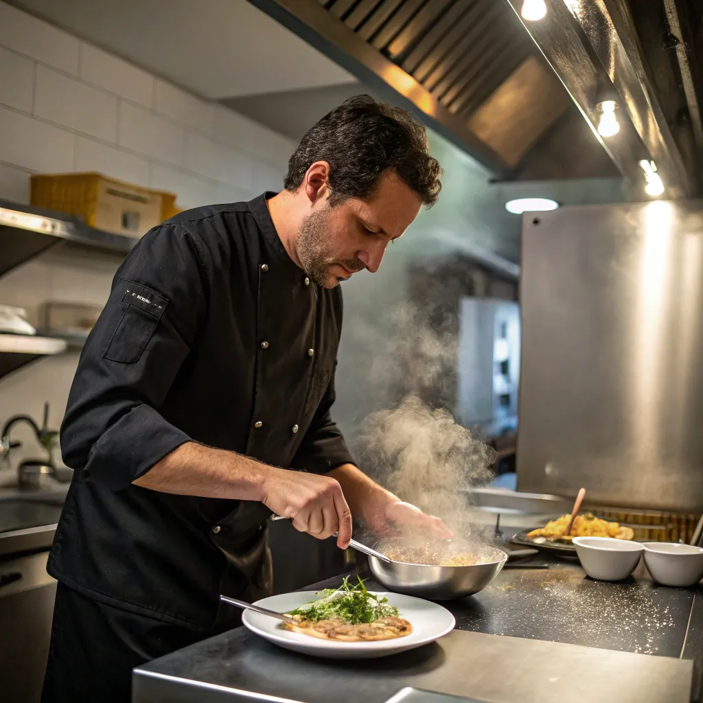 Michael preparing a steamed dish in his restaurant kitchen