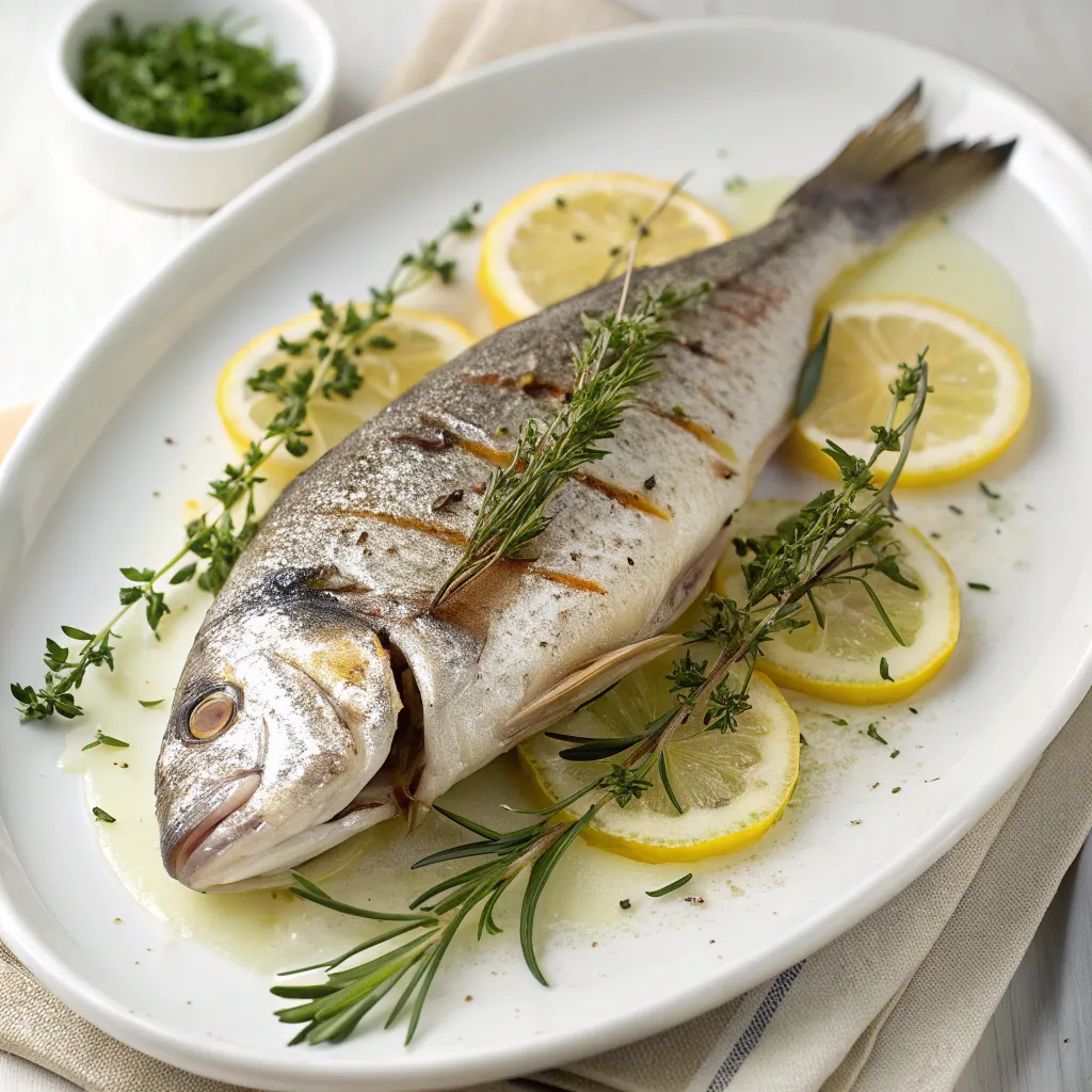 Steamed fish with herbs and lemon slices