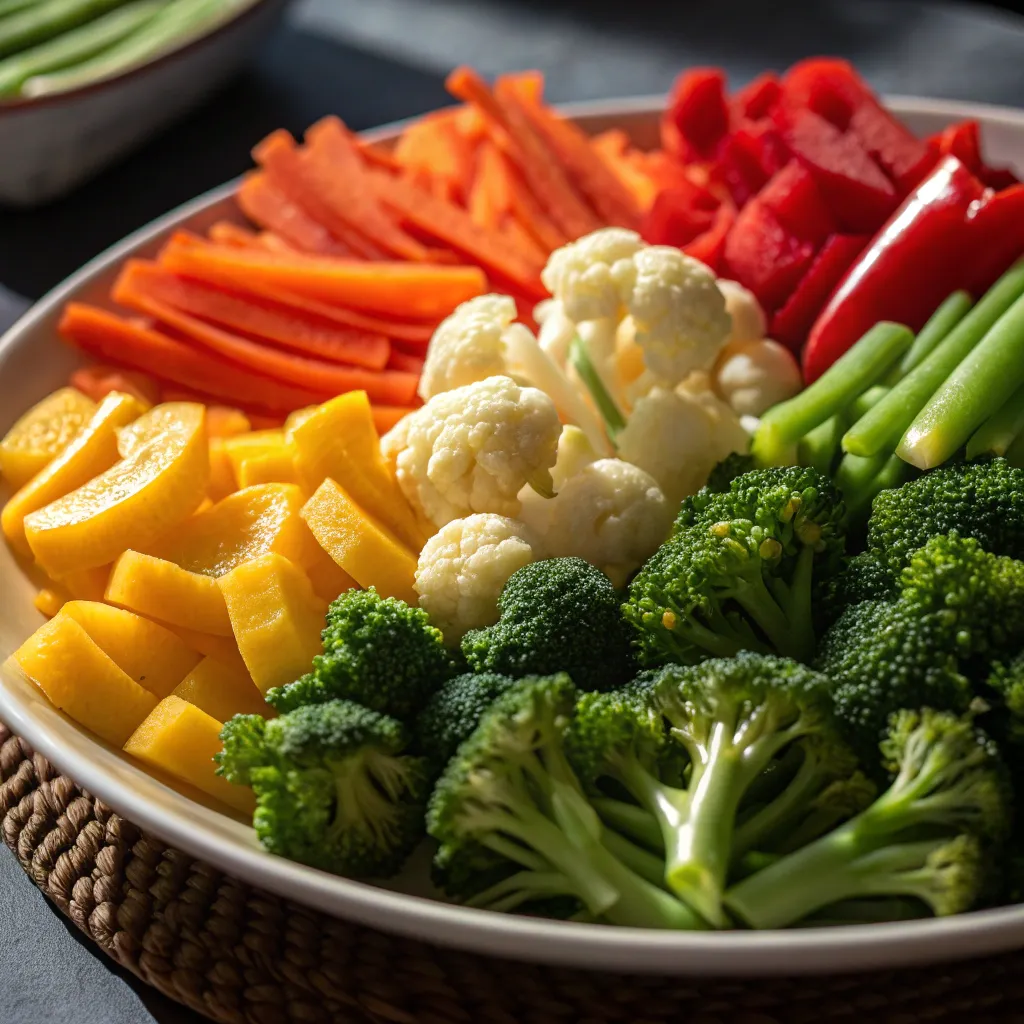Plate of vividly colored steamed vegetables